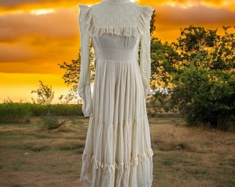 Gunne Sax Vintage 70s Prairie Wedding Cream Lace Gauze Long Dress