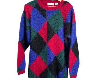 Vintage Paris Sport Club Mohair Blend Oversized Sweater Argyle 80s Style Small