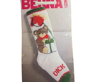 Bernat Knitted Stocking Kit Hobby Horse Teddy Bear OS White Red Green New VTG