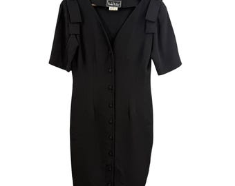 Nicole Miller Dress Black Vintage Button Front Bow Detail USA Union Made Size 8