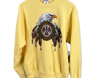 Vintage Jerzees Sweatshirt Yellow Eagle Native American Graphic Crew Neck Small