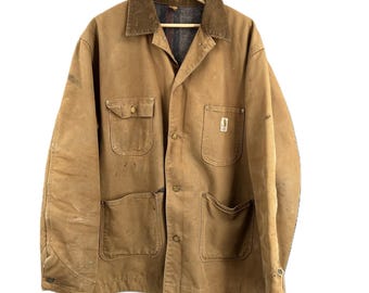 Vintage 80s Carhartt Denim Jeans Workwear Jacket Large 1990's