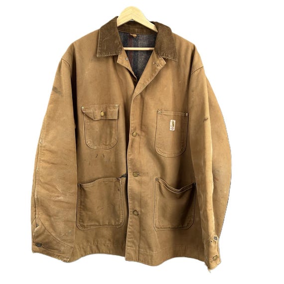 Vintage Carhartt Chore Coat 46L Tan Canvas Blanket-lined
