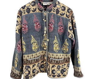 VTG Flashback Jacket Tapestry Cotton Blue Pink Print Button Bead Detail Medium