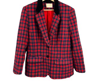 Pendleton Womens Vintage Blazer Red Plaid Velvet Buttons Wool Jacket Size 10