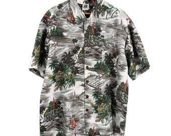 Kennington Aloha Button Front Shirt Mens XL Gray Tropical Island Scene Hawaiian