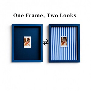 May include: Two blue rectangular frames with the text One Frame, Two Looks above them. The left frame has a solid dark blue background, while the right frame has a blue and white vertical striped background. Both contain a small square photo.