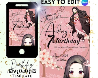Könnte beinhalten: Eine rosa und weiße Geburtstagseinladungsvorlage mit einer Comicfigur mit schwarzen Haaren und einem rosa und weißen Kleid. Der Text auf der Einladung lautet "Feiert mit uns Audreys 7. Geburtstag" und enthält das Datum und die Uhrzeit der Veranstaltung.