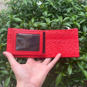 Cartera plegable de cuero negro y rojo para hombre con ranuras adicionales para tarjetas, billetera con bloqueo RFID, billetera de avestruz, regalo para papá, billetera de cuero bicolor.