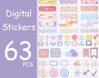 May include: A set of 63 digital stickers featuring various designs, including stars, moons, clouds, hearts, and geometric shapes. The stickers are in a variety of pastel colours and are perfect for adding a touch of whimsy to your digital projects.