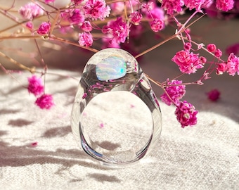 Handmade glass ring with opal stone | Spherical Dome model | with large Gilson opal | Lampwork ring made of borosilicate glass