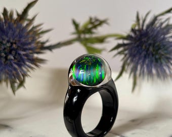 Glass ring with black opal stone | with extra-large Gilson opal | Lampwork ring made of borosilicate glass with opal | Jewelry