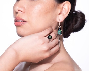 Handmade glass earrings with large black opals (12 mm) and 925 sterling silver hooks – unique piece made of borosilicate glass