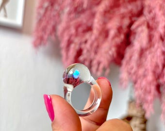 Glass ring with opal stone spherical dome | Lampwork ring made of borosilicate glass with opal | Jewelry