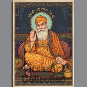 Könnte beinhalten: Ein klassisches Gemälde von Guru Nanak Dev Ji. Das Kunstwerk zeigt eine sitzende Figur in orangefarbenen und gelben Gewändern mit weißem Bart und Turban. Der Hintergrund ist dunkelblau mit verzierten Mustern, und das Bild enthält Text in einem kreisförmigen Design.