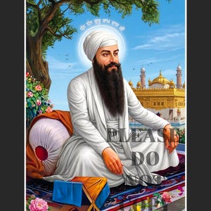 Può includere: Un'illustrazione digitale di Guru Ram Das Ji che indossa un turbante bianco e vesti bianche, seduto in una posa meditativa. Un tempio dorato è visibile sullo sfondo sotto un cielo blu. Il testo "ਧੰਨ ਧੰਨ ਗੁਰੂ ਰਾਮ ਦਾਸ ਜੀ" appare sopra la testa.