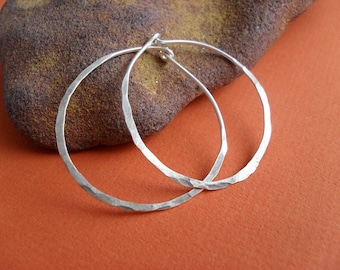 Sterling silver hoop earrings Simple beaten organic classic Hammered  Eco sustainable rustic organic textured