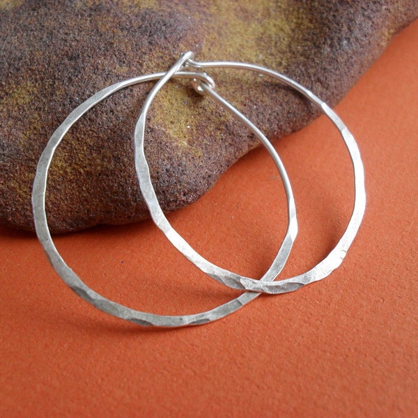 Sterling silver hoop earrings Simple beaten organic classic Hammered  Eco sustainable rustic organic textured