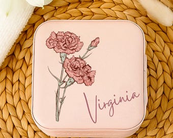 Personalized Jewelry case with Birth Month Flower and Bouquet Print - Custom Name Compact Travel Jewelry Box - Bridesmaids Favor Gifts