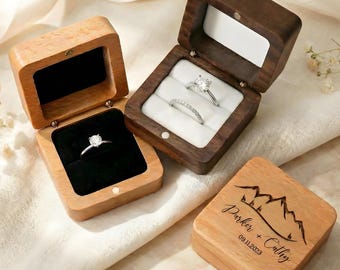 Personalized Wooden Ring Box Custom Engraved Single Double Slot Wedding Ring Holder Walnut Light Wood Proposal Ring Bearer Keepsake Box