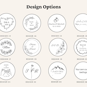 May include: A collection of design options for custom products. Each design is a circular graphic with black line art. Designs include names, dates, floral elements, and a mountain scene. Text includes "Design Options" and design numbers.