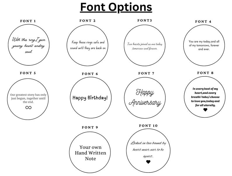 May include: A graphic displaying ten font options for personalized text. Each option is presented within a circular frame, showcasing different styles and phrases, including "Happy Birthday!" and "Happy Anniversary."