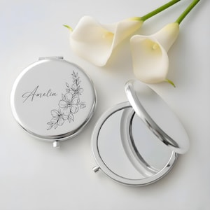 Custom Engraved Compact Travel Makeup Mirror – Personalized Pocket Mirror with Name or Birth Flower Bridesmaid Proposal - Wedding Party Gift