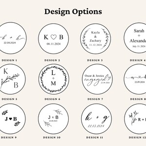 May include: A collection of twelve circular design options, each featuring black text and graphics on a white background. The designs include initials, dates, and names, with floral and heart motifs. The words "Design Options" are at the top.