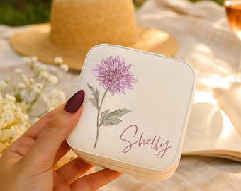 Color Printed Custom Jewelry Box with Birth Flower - Personalized Bridesmaid Favor - Wedding Gift Case - Christmas Keepsake for Women