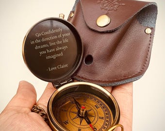 Custom Engraved Brass Compass with Leather Pouch | Personalized Adventure Compass | Gift for Son, Husband, Dad | Graduation Anniversary Gift