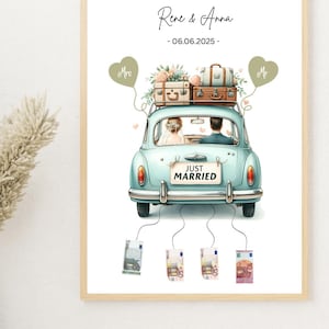 Personalized cash gift for the bride and groom | Car with banknotes on a string | Cash gift for a wedding | Gift for a picture frame