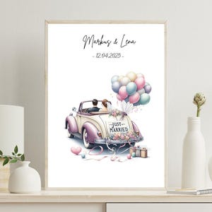 Personalisiertes Geschenk für Brautpaar | Auto Luftballons und Brautpaar | Geldgeschenk zur Hochzeit | Geschenk für Bilderrahmen