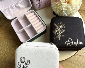 Personalized travel jewelry box, 10 x 10 cm jewelry organizer, ring box, jewelry box, jewelry case with name / custom text & month flower