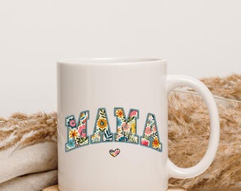 Caneca "MAMA" com desenho floral e coração – presente para mãe, Dia das Mães, aniversário, estampada nos dois lados, caneca de cerâmica 330ml
