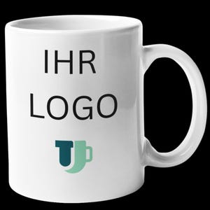 May include: White ceramic mug with a large handle. The mug features the text "IHR LOGO" in black, along with a teal and green cup logo. The mug is set against a black background.