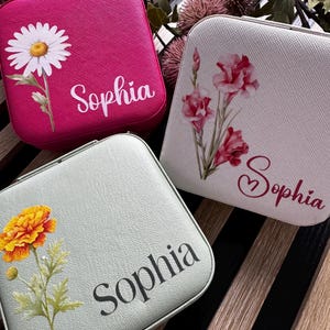 Personalized travel jewelry box, 10 x 10 cm jewelry organizer, ring box, jewelry box, jewelry box with name / desired text & monthly flower