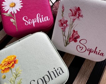 Personalized travel jewelry box, 10 x 10 cm jewelry organizer, ring box, jewelry box, jewelry case with name / custom text & month flower