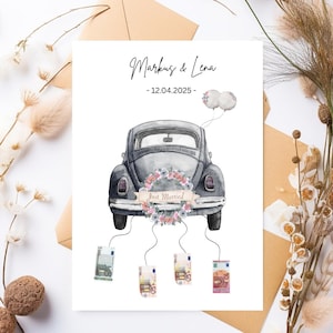 Personalized cash gift for the bride and groom | Car with banknotes on a string | Cash gift for a wedding | Gift for a picture frame