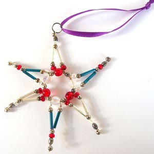 Red, Silver and Blue Beaded Christmas Star Ornament