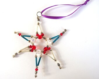 Red, Silver and Blue Beaded Christmas Star Ornament