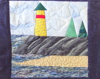 Lighthouse Quilted Wall Hanging; Blue, Gray, Yellow Quilted Picture
