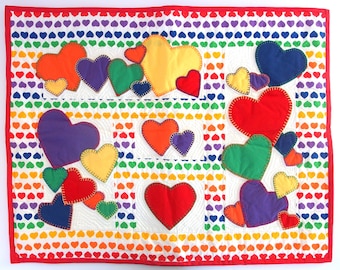 Vintage Hand Quilted Hearts Wall Hanging or Baby Quilt, Primary Heart Red, Yellow, Green, Purple and Blue Quilt, Unisex, Boy or Girl