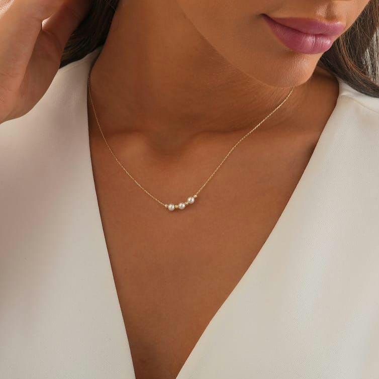 Dainty Pearl Trio Chain Necklace in Gold