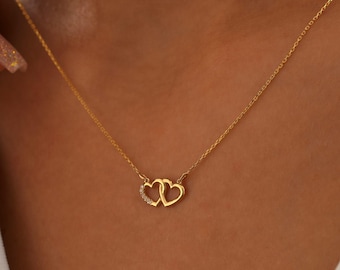 14K Tiny Interlocking Heart Necklace, Double Heart Charm Necklace, Valentines Day Jewelry