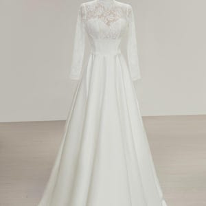 Long Sleeve Lace Wedding Dress With High Neckline, Satin Skirt And Floral Lace Bodice, Elegant Vintage Inspired Bridal Gown