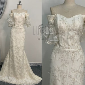 Romantic Ivory Lace Off-The-Shoulder Custom Mermaid Dress With Sparkling Sequins And Floor-Length Tail, Trendy Bridal Gown 2024