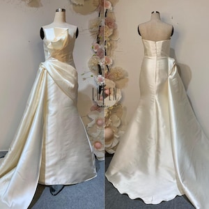 Personalization Mermaid Straight Neckline Sleeveless Bridal Dress in Premium Ivory Satin | Modern Long Asymmetric Train Wedding Gown