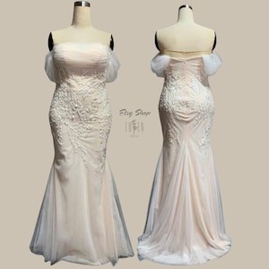 Personalization Mermaid Corset Straight Neckline Off-Shoulder Bridal Dress in Ivory Soft Floral Lace | Autumn Romantic Train Wedding Gown