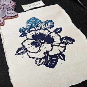 pansies linocut A5 gradient blue