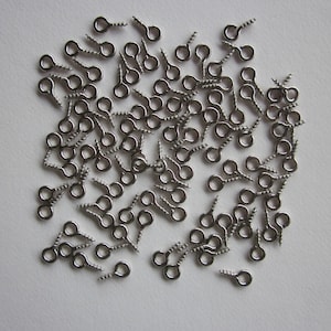 May include: A large quantity of silver-toned screw-in eyelet hooks. The hooks have a small loop at the top and a screw thread at the bottom.